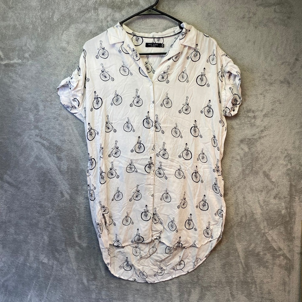 Max Jeans Button Down Women XS Bicycle Print White Short Sleeve Blouse EUC